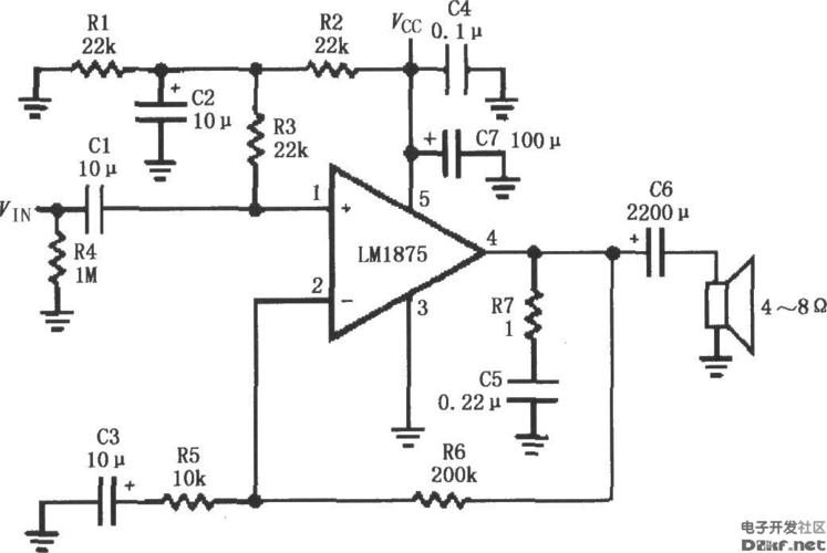 如图所示为lm1875单电源供电的音频功率放大电路.
